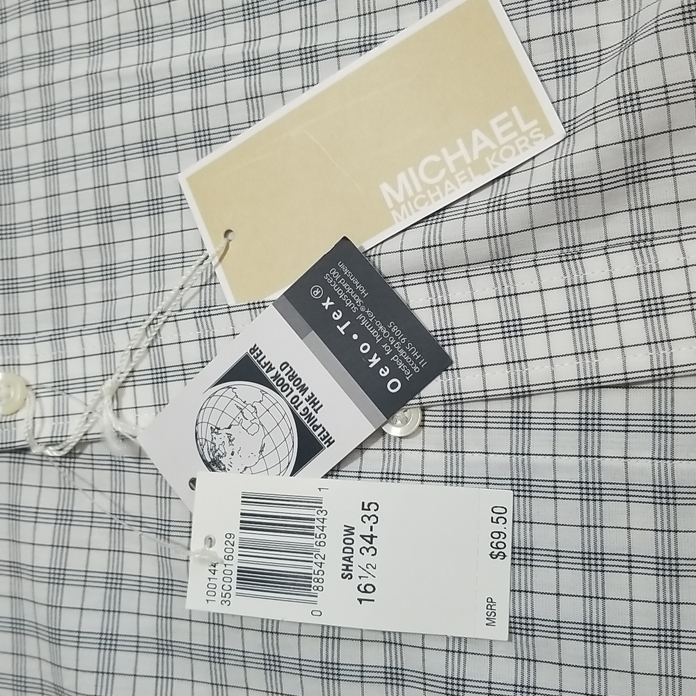MICHAEL MICHAEL KORS White Gray Plaid Oeko-Tex Button Down Shirt in Shadow - Picture 5 of 14